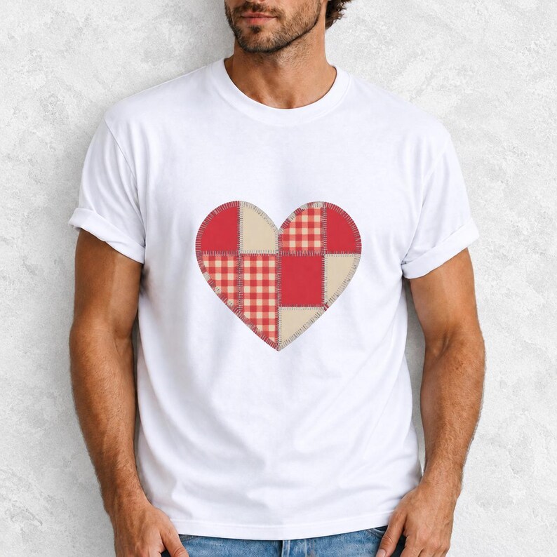 Comfort Colors Gingham Patchwork Heart Shirt, Red Heart Valentine Tee, Red Plaid Heart T-shirt, Valentines Day Heart Shirt Women