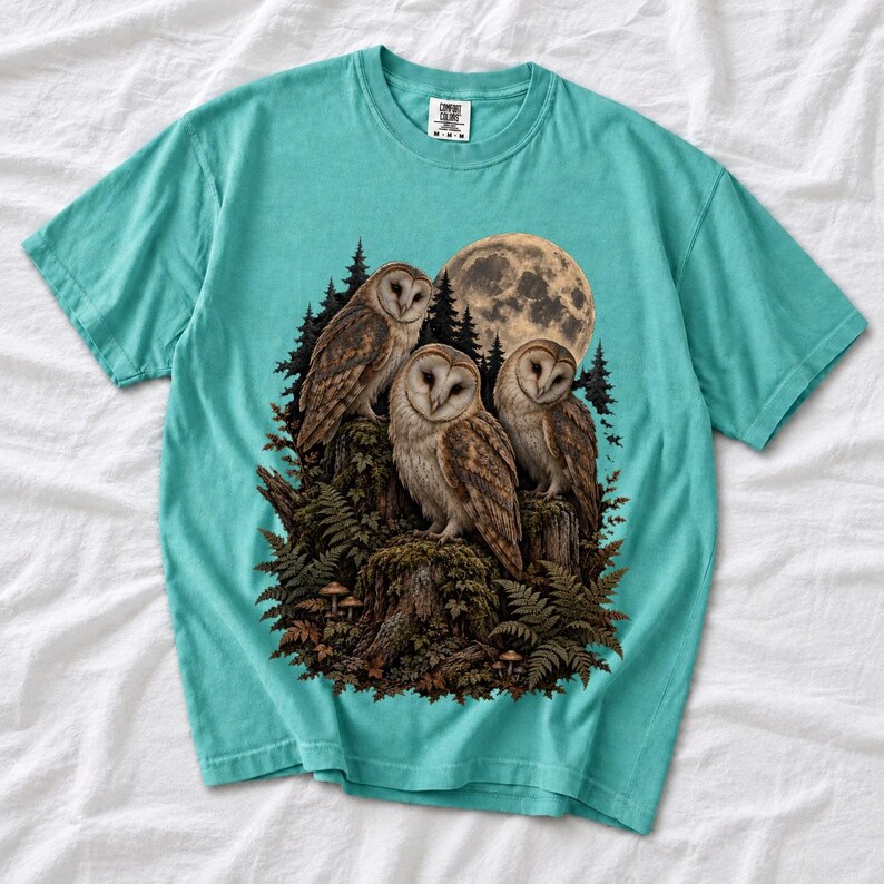 Three barn owls on a mossy stump under a huge full moon with ferns and mushrooms, dark realistic forest illustration