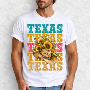 Straw cowboy hat full of sunflowers over a five-line stacked TEXAS word in retro western colors