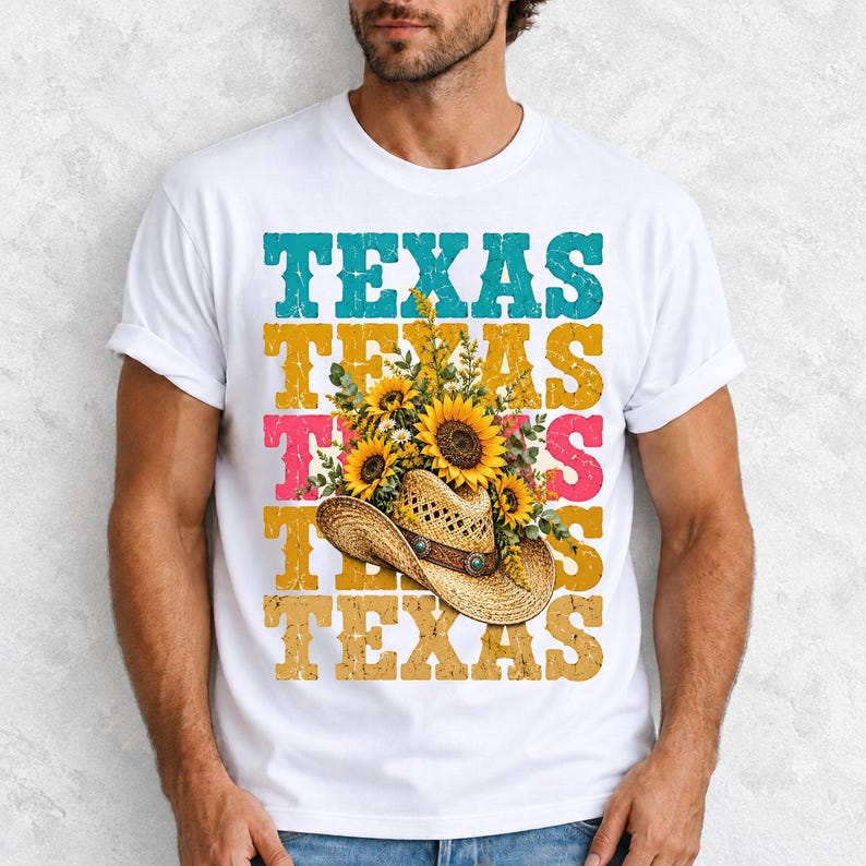 Straw cowboy hat full of sunflowers over a five-line stacked TEXAS word in retro western colors