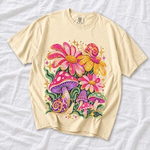 Retro 70s psychedelic glitter daisies and snails with groovy stars in pink, mustard, violet and mint