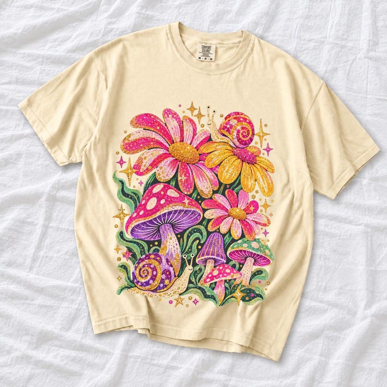 Retro 70s psychedelic glitter daisies and snails with groovy stars in pink, mustard, violet and mint