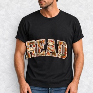 Arched varsity word READ filled with tiny books and autumn leaves in cream, rust and mustard