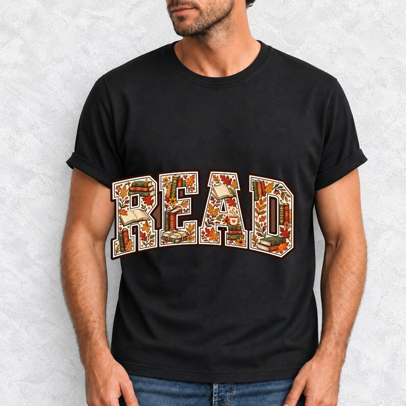 Arched varsity word READ filled with tiny books and autumn leaves in cream, rust and mustard