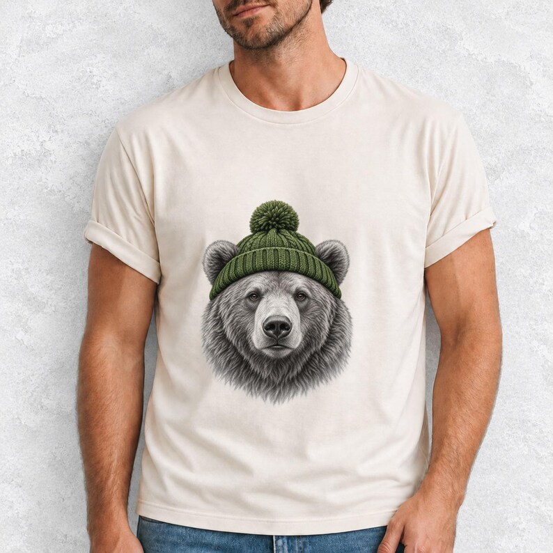 Comfort Colors Bear Beanie Shirt, Sketch Bear Winter Tee, Grizzly Bear Green Beanie T-shirt, Cabin Bear Lover Shirt Gift, Bear Tee