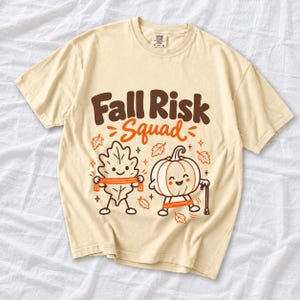 Kawaii leaf and pumpkin characters doing physical therapy with resistance bands and a cane, text Fall Risk Squad