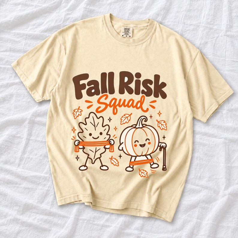 Kawaii leaf and pumpkin characters doing physical therapy with resistance bands and a cane, text Fall Risk Squad