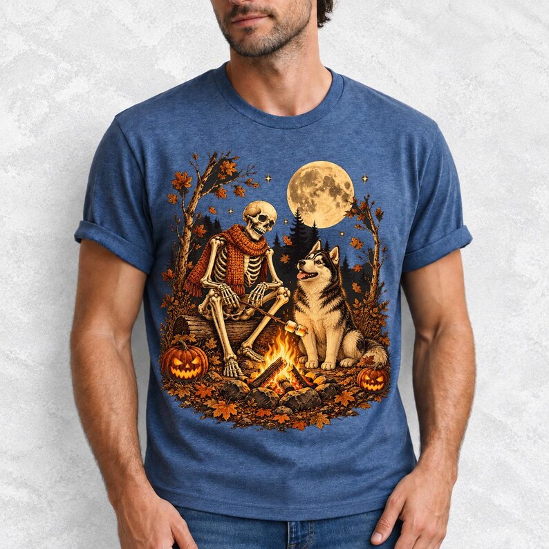 A skeleton in a scarf roasting marshmallows by a campfire beside a husky in an autumn forest under a full moon