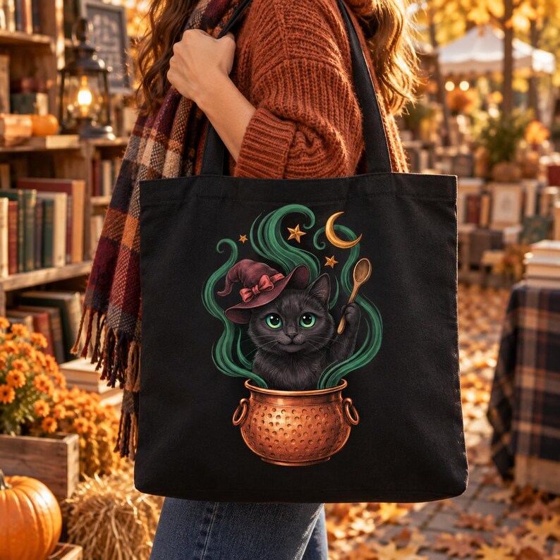 Black Cat Tote Bag, Witchy Cauldron Cat Tote, Witch Cat Canvas Bag, Black Cat Library Tote Bag image 2
