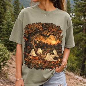 Vintage oil painting of sheet ghosts having a picnic under oak trees with falling autumn leaves at golden hour