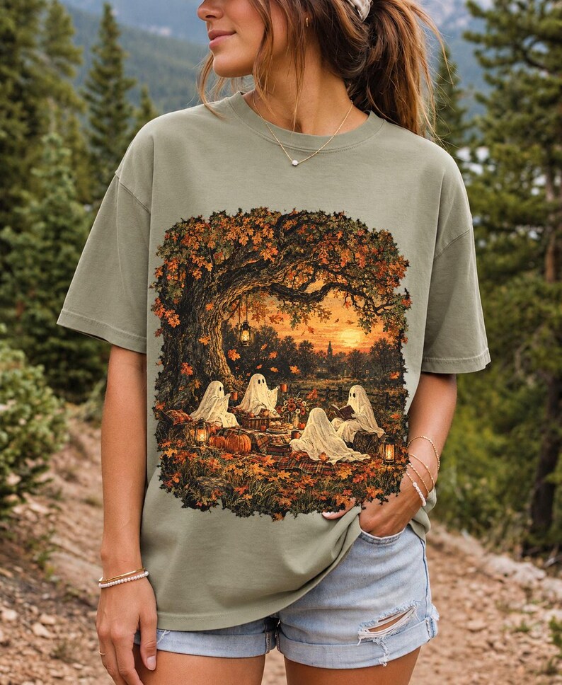 Vintage oil painting of sheet ghosts having a picnic under oak trees with falling autumn leaves at golden hour