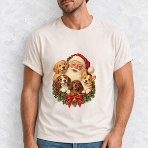 Comfort Colors Santa Puppies Christmas Shirt, Retro Santa Dog Tee, Christmas Dog Lover T-shirt, Dog Mom Santa Shirt Gift