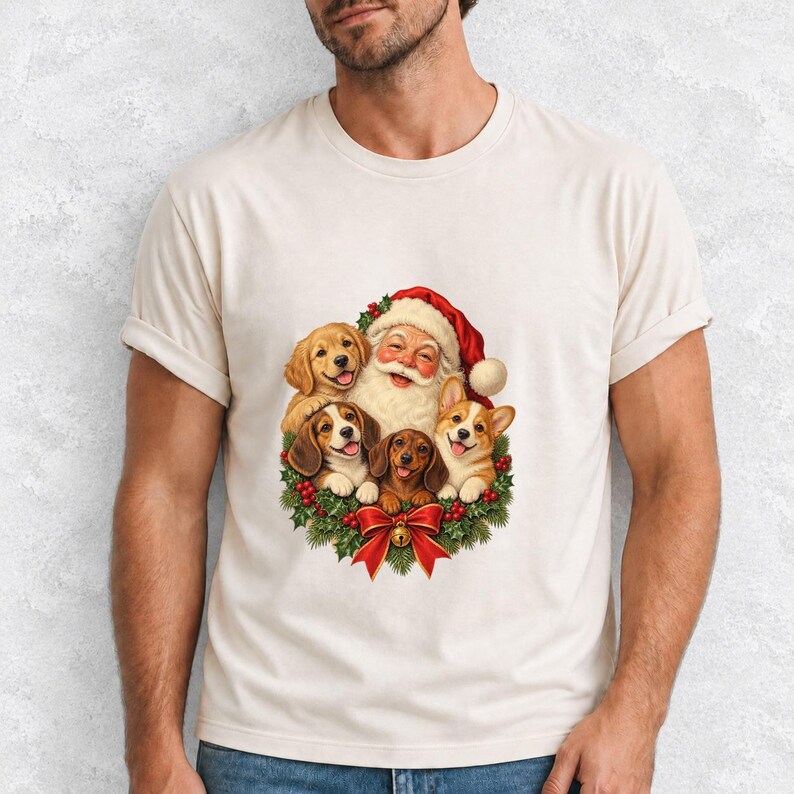 Comfort Colors Santa Puppies Christmas Shirt, Retro Santa Dog Tee, Christmas Dog Lover T-shirt, Dog Mom Santa Shirt Gift