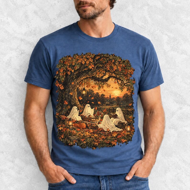 Vintage oil painting of sheet ghosts having a picnic under oak trees with falling autumn leaves at golden hour