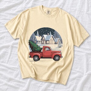 Comfort Colors Red Truck Christmas Tree Shirt, Retro Christmas Truck Tee, Snowy Village Red Truck T-shirt, Farmhouse Christmas Shirt