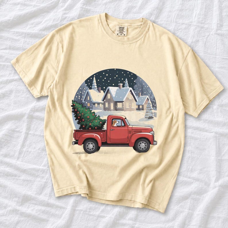 Comfort Colors Red Truck Christmas Tree Shirt, Retro Christmas Truck Tee, Snowy Village Red Truck T-shirt, Farmhouse Christmas Shirt