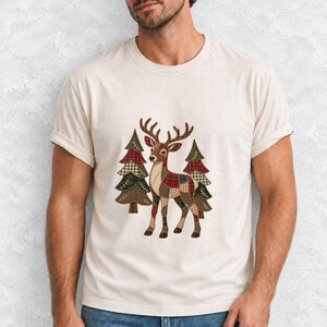 Comfort Colors Plaid Reindeer Christmas Shirt, Patchwork Reindeer Tee, Rustic Christmas Deer T-shirt, Farmhouse Reindeer Holiday Shirt