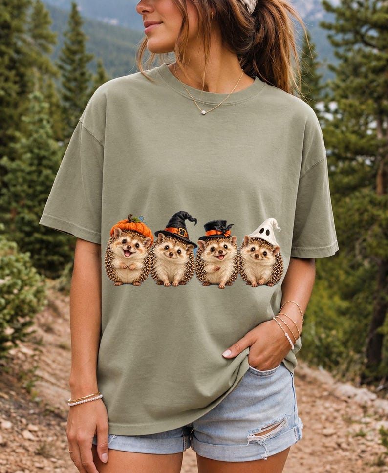 Realistic illustration of four hedgehogs wearing tiny Halloween hats in a row