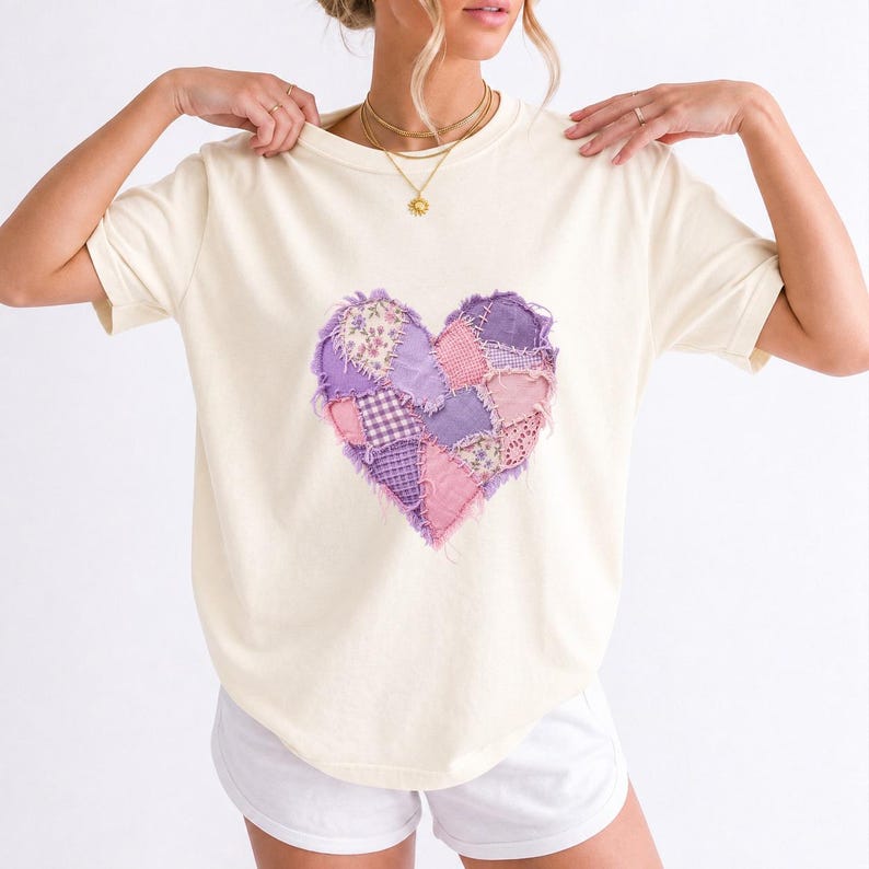 Comfort Colors Lavender Patchwork Heart Shirt, Quilt Heart Tee, Pastel Heart Valentine T-shirt, Valentines Day Heart Shirt Women