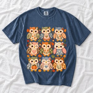 Grid of chubby owls with quilted patchwork wings, acorns and leaves in pumpkin, sage and dusty blue autumn colors