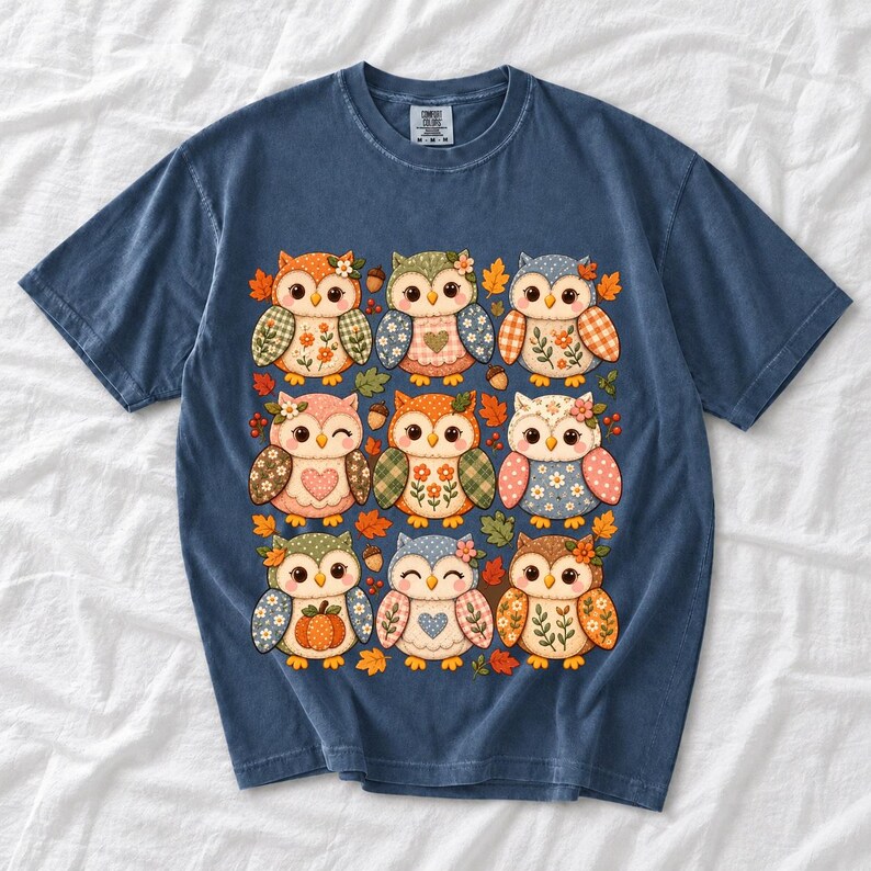Grid of chubby owls with quilted patchwork wings, acorns and leaves in pumpkin, sage and dusty blue autumn colors