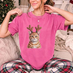 Comfort Colors Cat Reindeer Antlers Shirt, Orange Tabby Cat Christmas Tee, Grumpy Cat Reindeer T-shirt, Cat Mom Holiday Shirt, Cat Xmas Tee