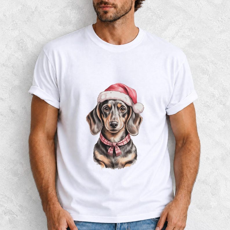Comfort Colors Dachshund Santa Hat Shirt, Watercolor Doxie Christmas Tee, Dachshund Christmas T-shirt, Doxie Mom Holiday Shirt