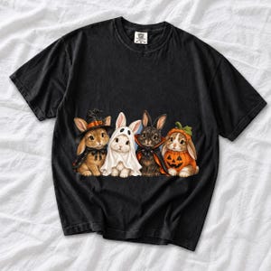 Realistic illustration of four bunnies in witch, ghost, vampire cape and pumpkin costumes in a row