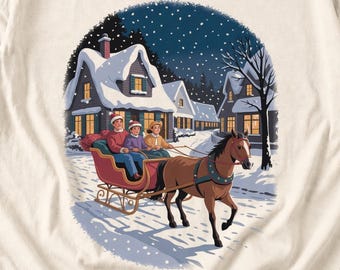 Comfort Colors Horse Sleigh Christmas Shirt, Retro Christmas Village Tee, Snowy Sleigh Ride T-shirt, Christmas Horse Shirt Women, Sleigh Tee