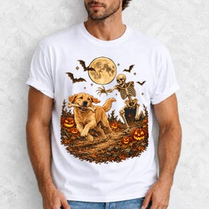 A skeleton chasing a golden labrador that stole its arm bone under a full moon with jack o lanterns and bats