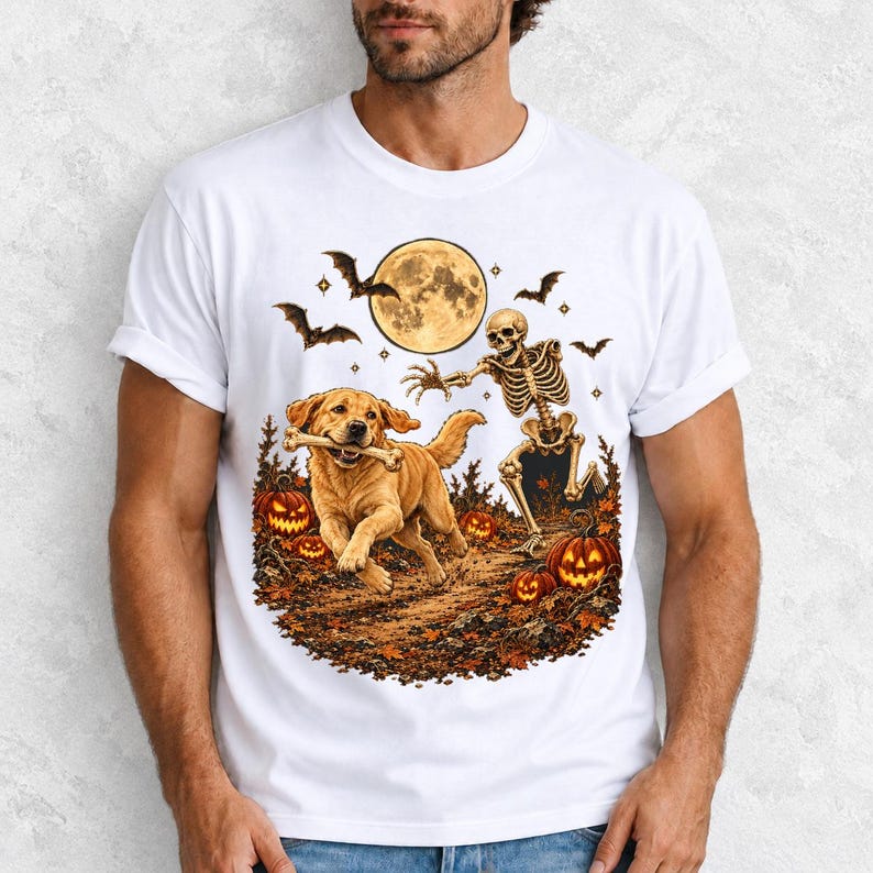 A skeleton chasing a golden labrador that stole its arm bone under a full moon with jack o lanterns and bats
