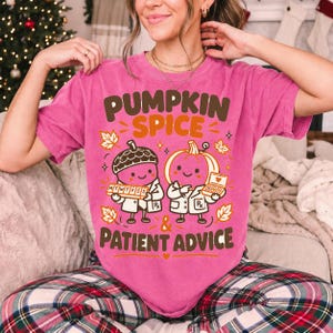 Acorn and pumpkin characters in pharmacist coats holding pill organizers, text Pumpkin Spice & Patient Advice
