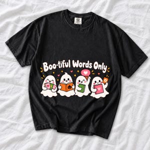 Four kawaii ghosts with flash cards, speech bubbles and books, text Boo-tiful Words Only