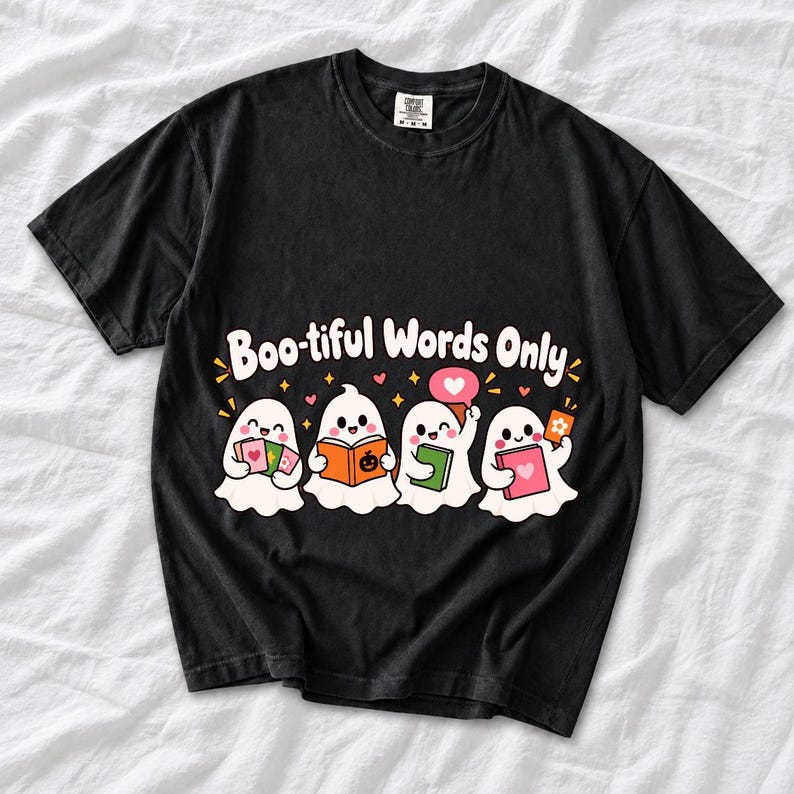 Four kawaii ghosts with flash cards, speech bubbles and books, text Boo-tiful Words Only