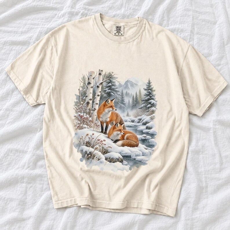 Comfort Colors Winter Fox Shirt, Watercolor Red Fox Tee, Snowy Forest Fox T-shirt, Fox Lover Nature Shirt Gift, Birch Forest Fox Tee