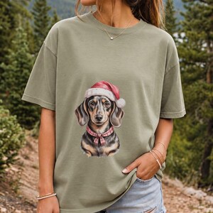 Comfort Colors Dachshund Santa Hat Shirt, Watercolor Doxie Christmas Tee, Dachshund Christmas T-shirt, Doxie Mom Holiday Shirt