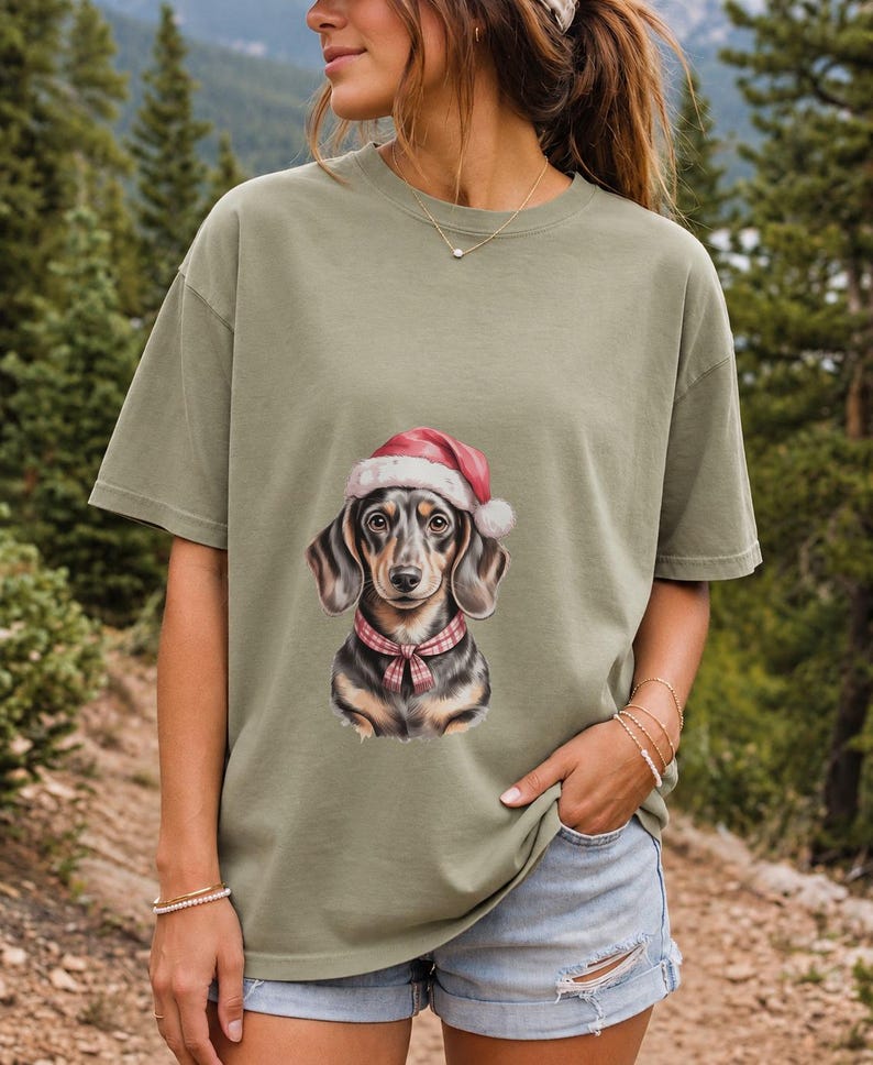 Comfort Colors Dachshund Santa Hat Shirt, Watercolor Doxie Christmas Tee, Dachshund Christmas T-shirt, Doxie Mom Holiday Shirt