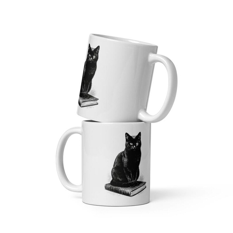 Black Cat Mug, Black Cat on Book Coffee Mug, Witchy Bookish Cat Cup, Gothic Black Cat Mug, Cat Lover Coffee Mug Gift image 2