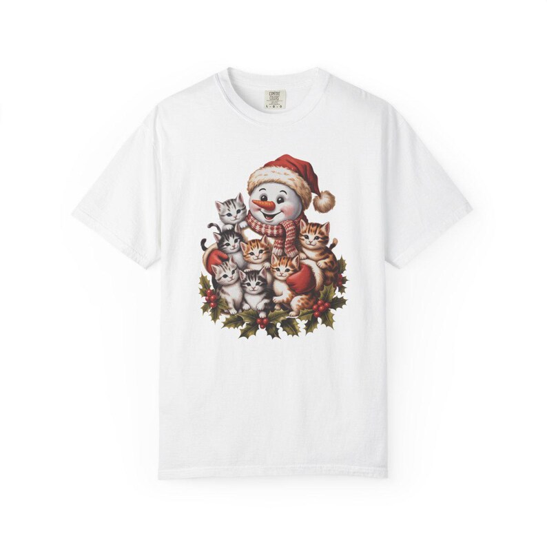 Comfort Colors Snowman Cats Christmas Shirt, Retro Snowman Kitten Tee, Christmas Cat Lover T-shirt, Cat Mom Holiday Shirt, Winter Cat Tee — Printify product mockup