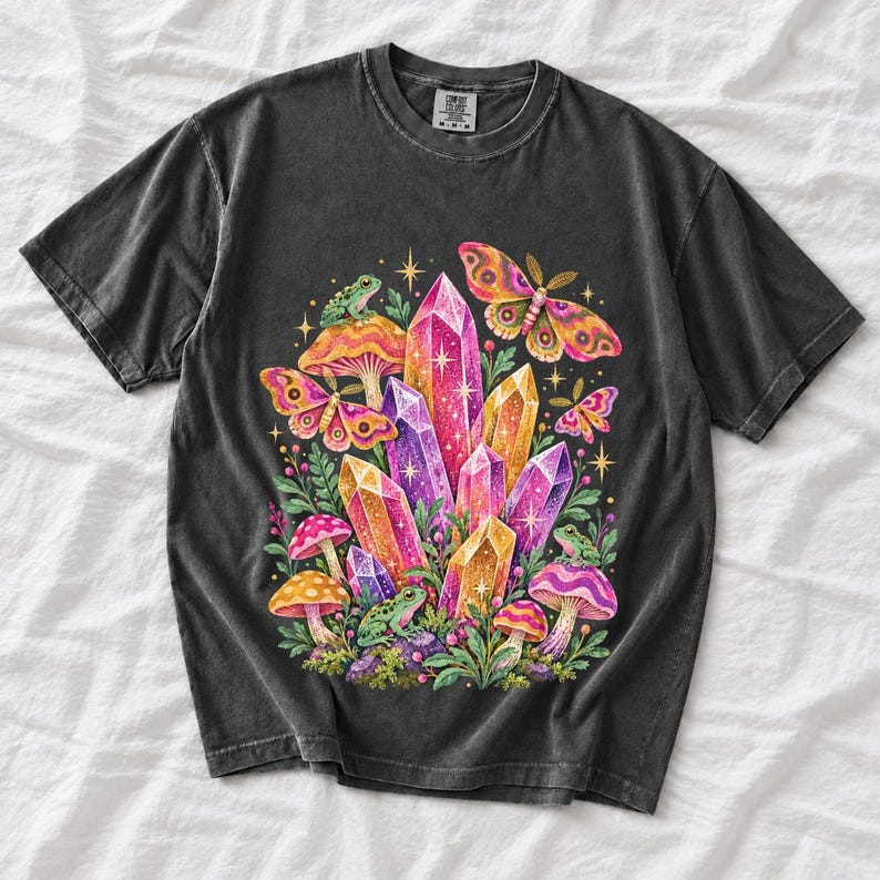Retro 70s psychedelic glitter crystal cluster with moths and small frogs in pink, mustard, violet and mint
