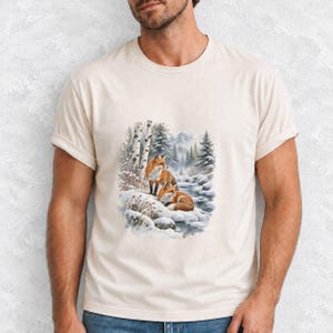 Comfort Colors Winter Fox Shirt, Watercolor Red Fox Tee, Snowy Forest Fox T-shirt, Fox Lover Nature Shirt Gift, Birch Forest Fox Tee