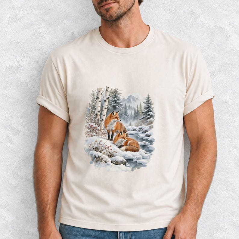 Comfort Colors Winter Fox Shirt, Watercolor Red Fox Tee, Snowy Forest Fox T-shirt, Fox Lover Nature Shirt Gift, Birch Forest Fox Tee