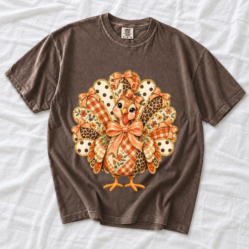 Turkey with patchwork fabric tail feathers decorated with bows on a cream and polka-dot stripe background