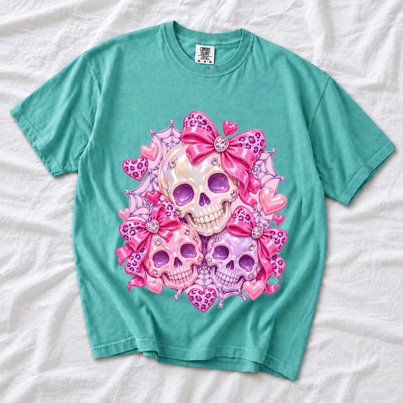 Puffy glossy 3D pink skulls with bows, hearts, cobwebs and rhinestones in coquette style