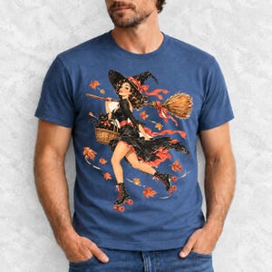Retro 1950s pin-up witch on roller skates with a broom and a cat in a basket, autumn leaves