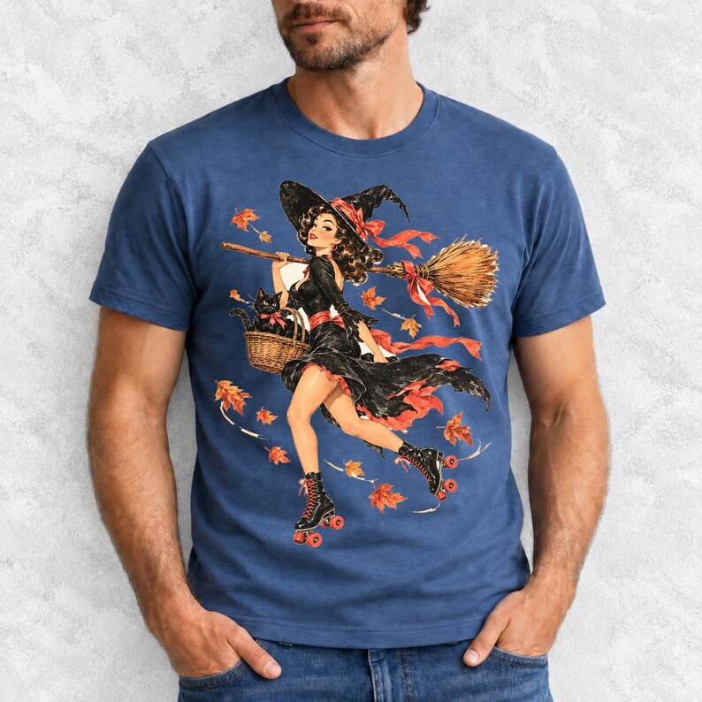 Retro 1950s pin-up witch on roller skates with a broom and a cat in a basket, autumn leaves