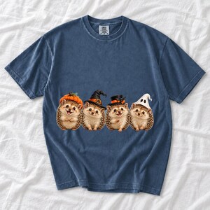 Realistic illustration of four hedgehogs wearing tiny Halloween hats in a row
