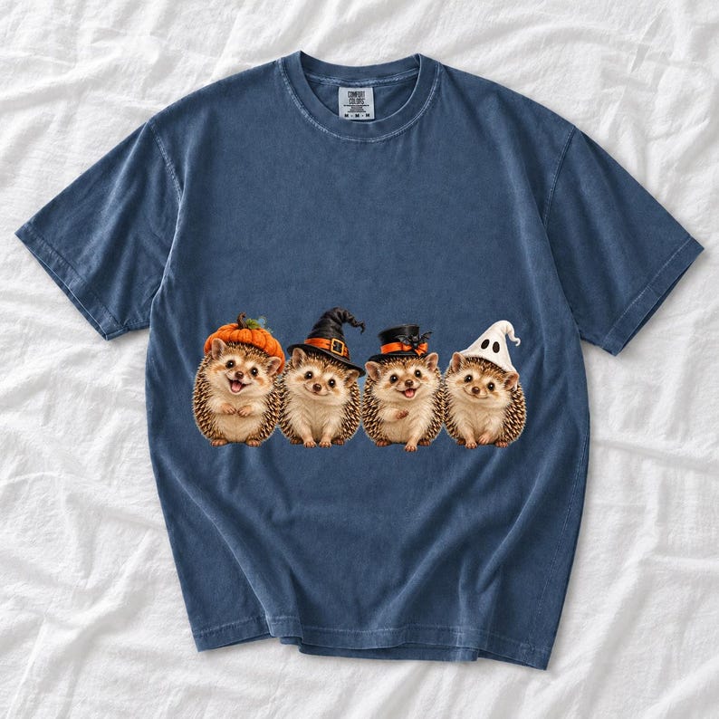 Realistic illustration of four hedgehogs wearing tiny Halloween hats in a row