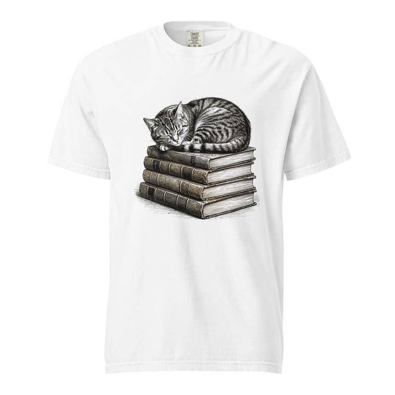 Tabby Cat Shirt, Sleeping Cat on Books Tee, Comfort Colors Cat Lover T-shirt, Bookish Cat Mom Shirt, Retro Kitty Reader Tee image 5