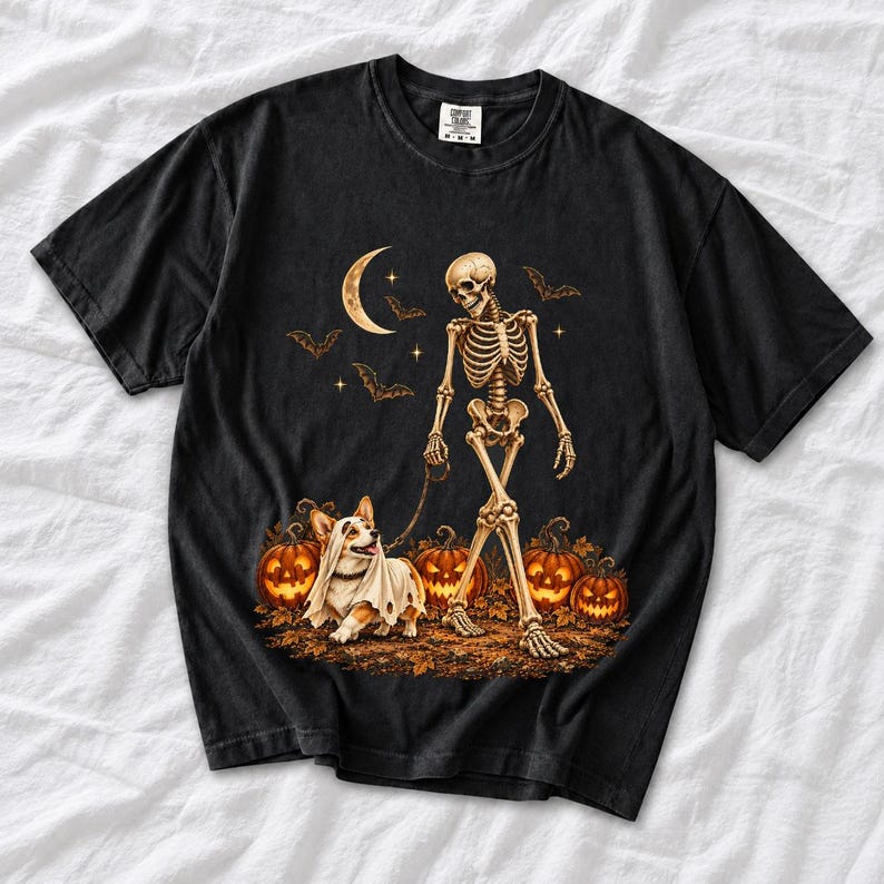A skeleton walking a corgi in a ghost costume past carved pumpkins under a crescent moon